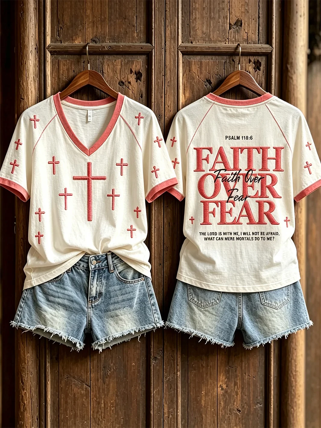 Faith Over Fear V-Neck Shirt Bible Verse Apparel Christian Gifts For Mom - Kdjoy