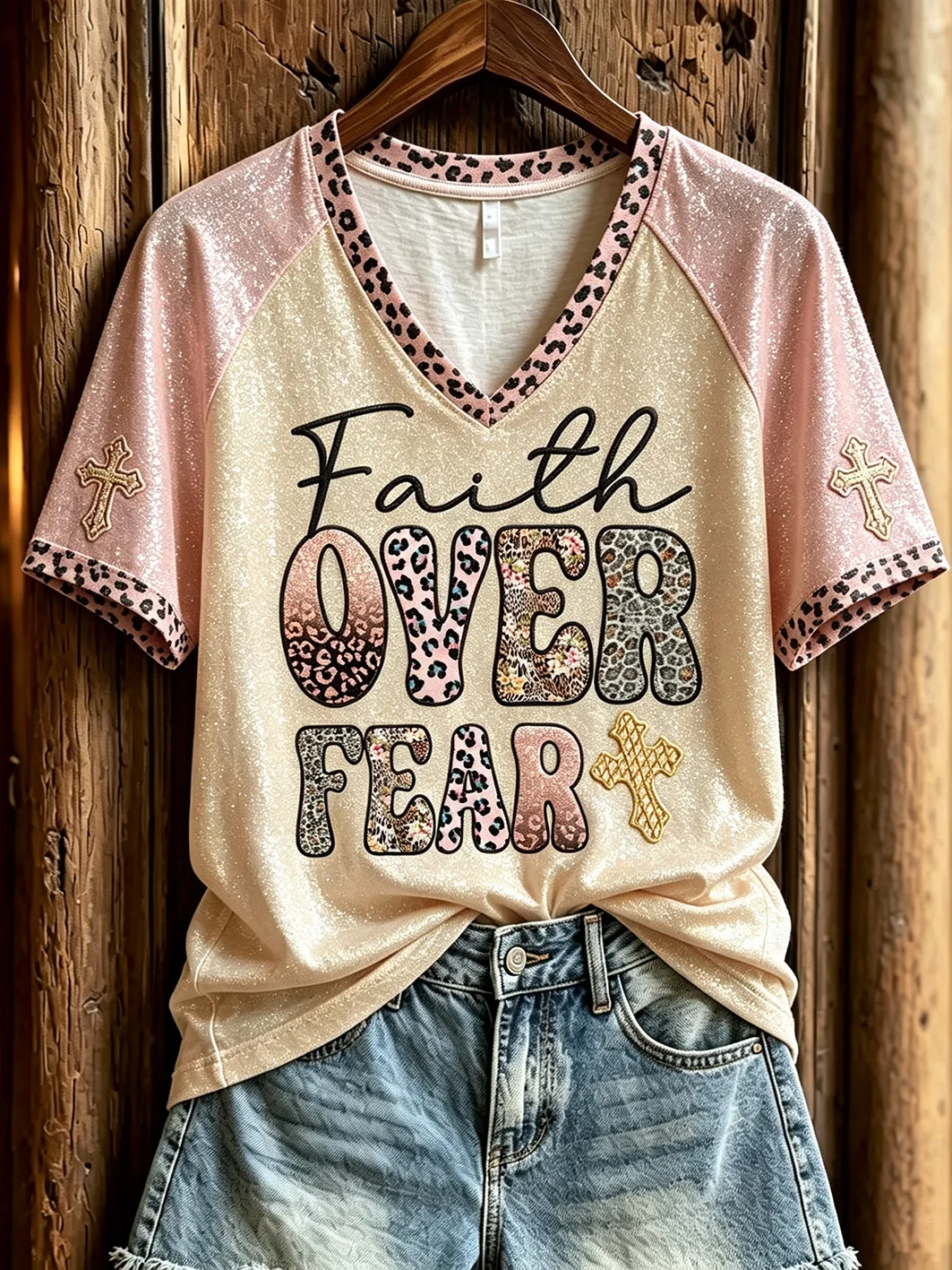 Faith Over Fear V-Neck Shirt Christian Apparel Faith Based Gifts For Her - Kdjoy