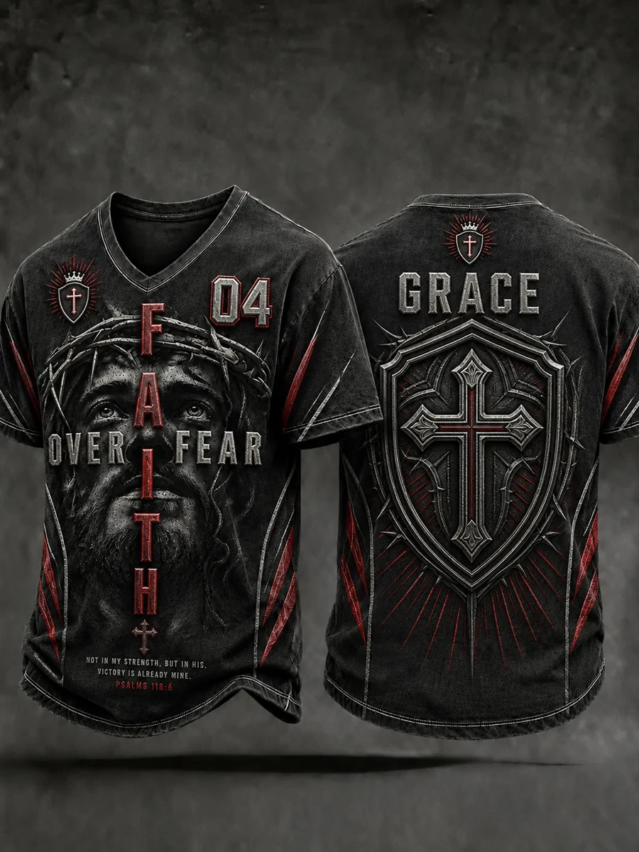 Faith Over Fear V-Neck Shirt Christian Cross Merch Gift Ideas For Him - Kdjoy Faith Over Fear V-Neck Shirt Christian Cross Merch Gift Ideas For Him - Kdjoy