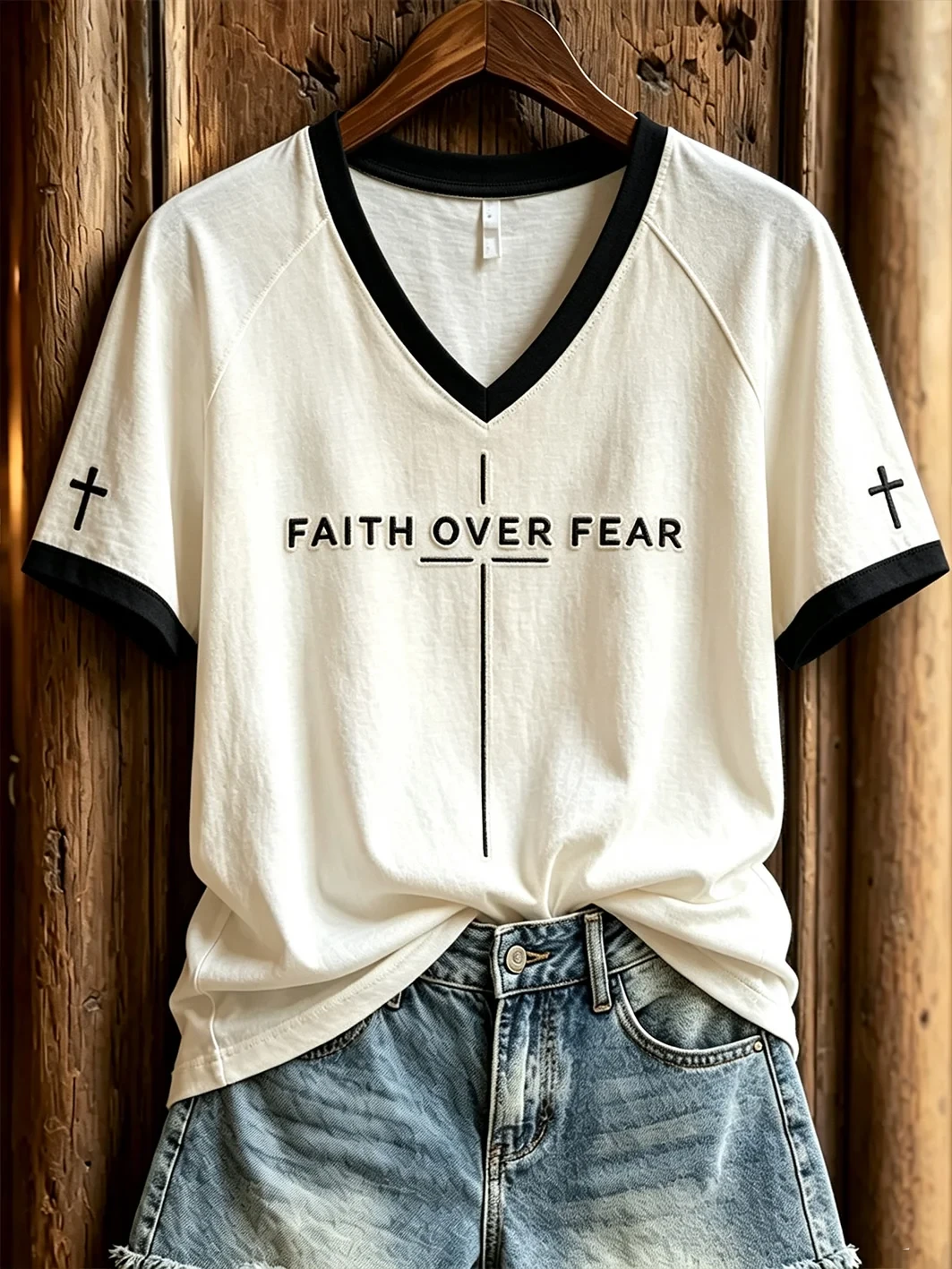 Faith Over Fear V-Neck Shirt Faith Themed Fun Slogan Shirt Gift For Christian Women - Kdjoy