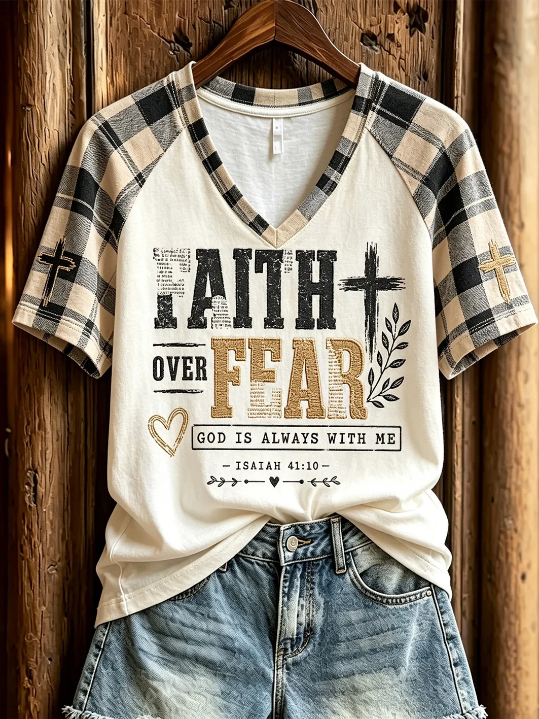 Faith Over Fear V-Neck Shirt God Is Always With Me Bible Apparel Gift For Christian - Kdjoy Faith Over Fear V-Neck Shirt God Is Always With Me Bible Apparel Gift For Christian - Kdjoy