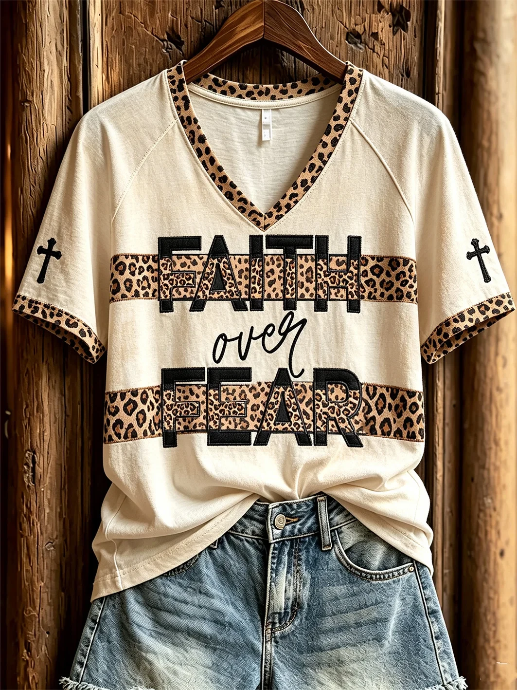 Faith Over Fear V-Neck Shirt Leopard Pattern Religious Shirts Gift For Christian Her - Kdjoy