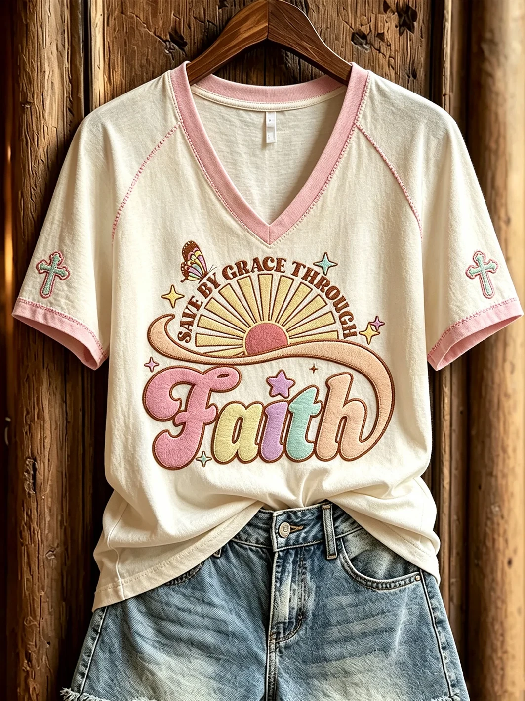 Faith Save By Grace Through V-Neck Shirt Cute Christian Based Apparel Gifts For Sisters - Kdjoy