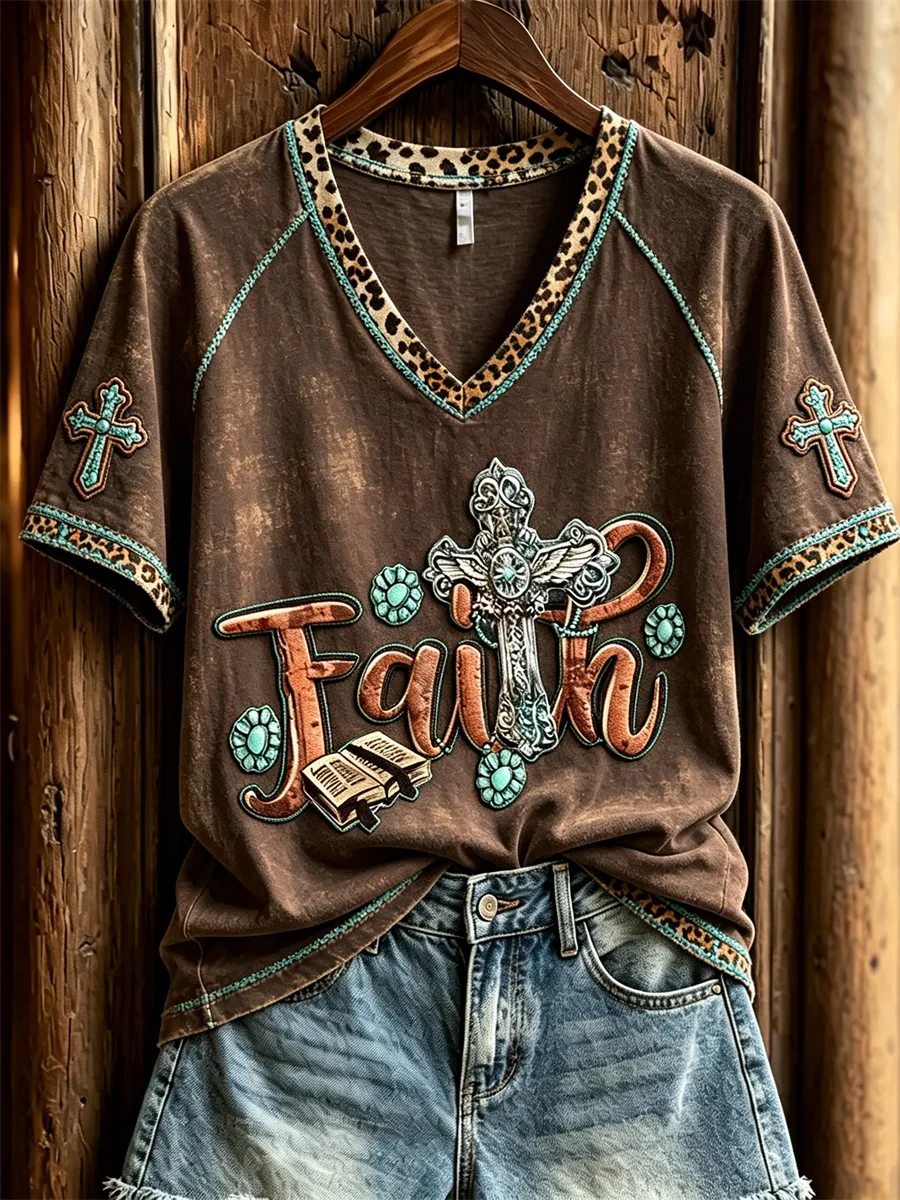 Faith Turquoise Cross Leopard Western V-Neck Shirt Faith Attire Christian Gifts For Women - Kdjoy Faith Turquoise Cross Leopard Western V-Neck Shirt Faith Attire Christian Gifts For Women - Kdjoy