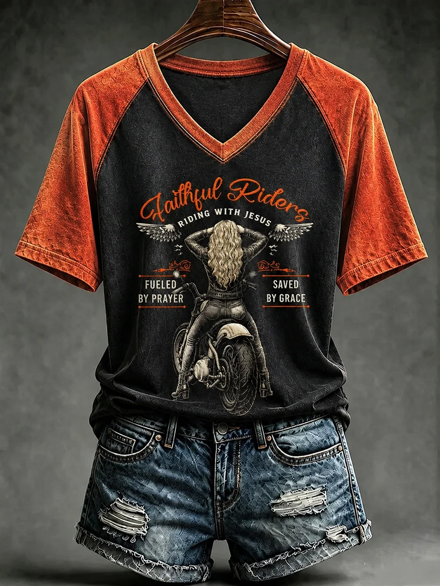 Faithful Riders Riding With Jesus V-Neck Shirt Christ Clothing Lines Gift For Motorcycle Biker - Kdjoy