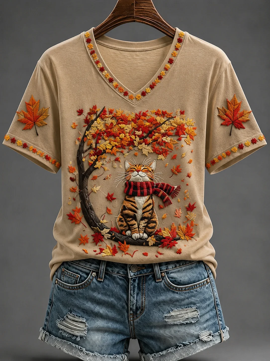 Fall Cat V-Neck Shirt Autumn Leaves Shirt Cute Kitten Clothing Gift For Cat Mom - Kdjoy