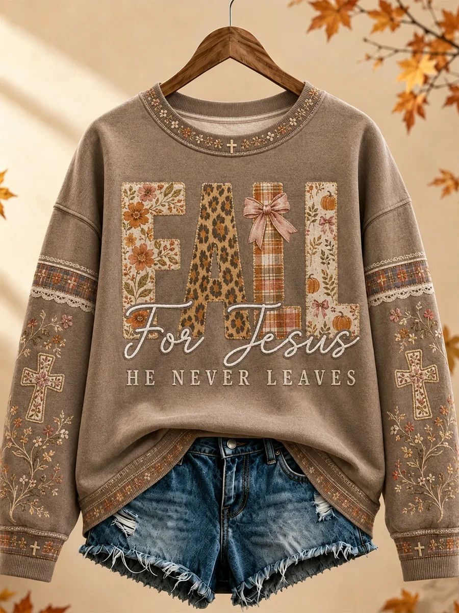 Fall For Jesus He Never Leaves Sweatshirt Autumn Christian Merch Halloween Gifts For Daughter - Kdjoy