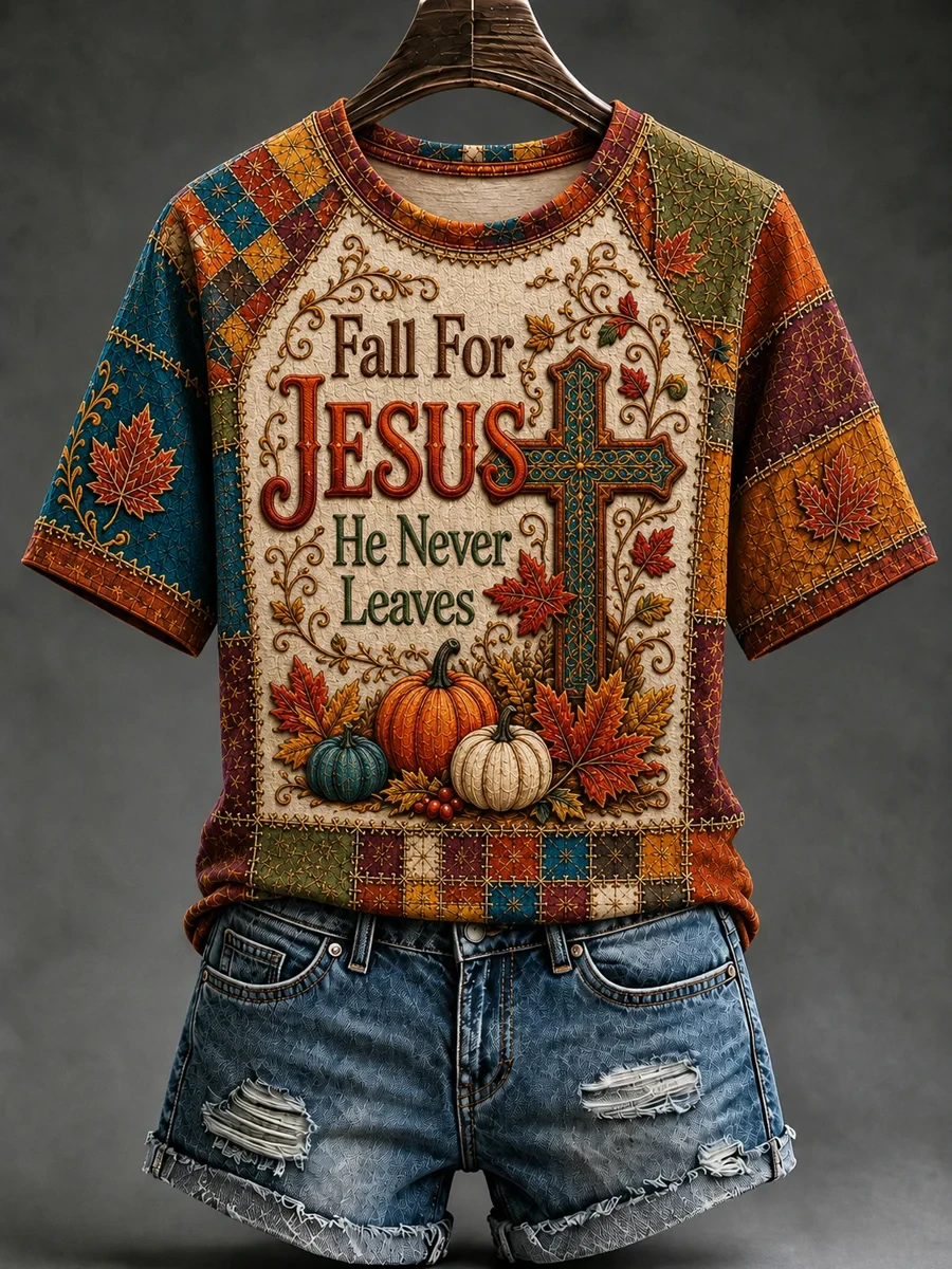 Fall For Jesus He Never Leaves T-Shirt Cross Art Autumn Apparel Faith Based Gifts Ideas - Kdjoy