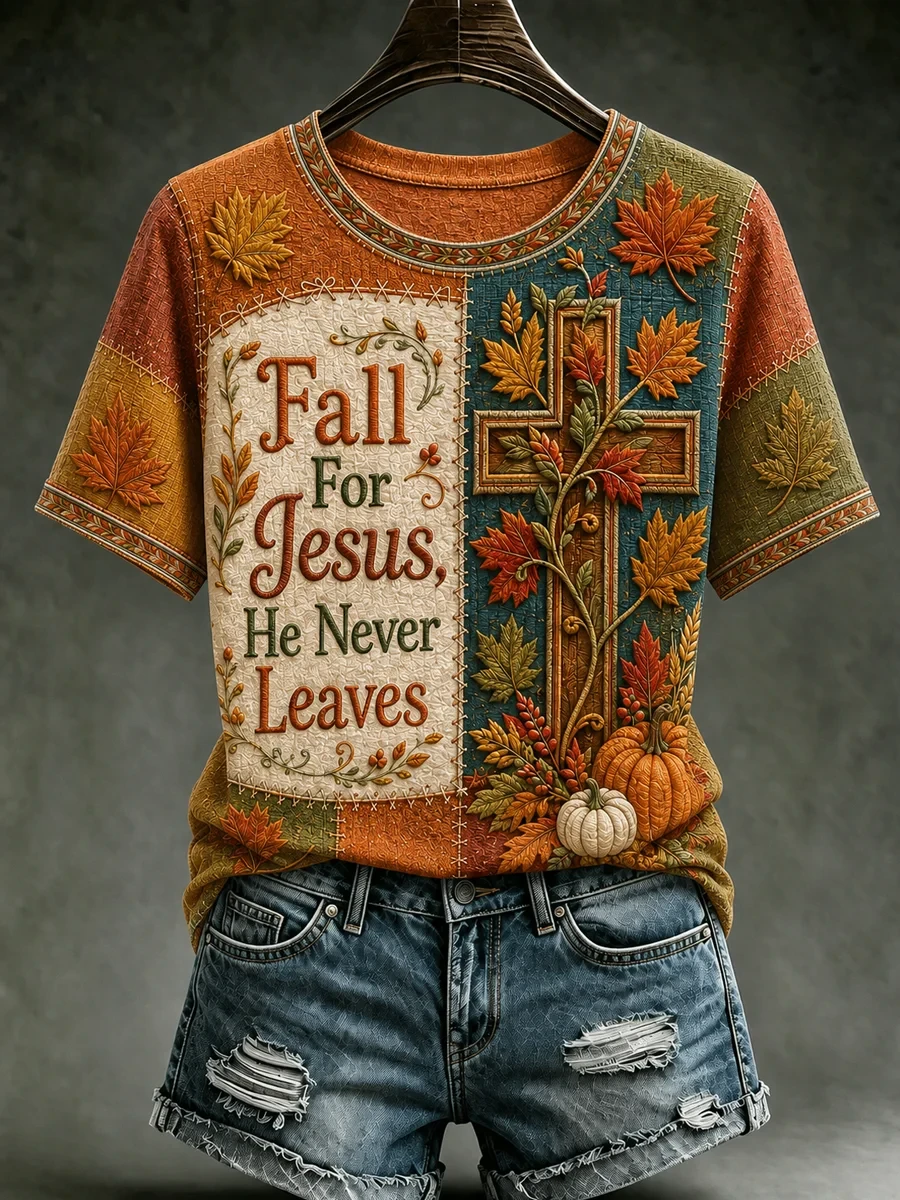 Fall For Jesus He Never Leaves T-Shirt Cross Art Autumn Apparel Gift For Religious - Kdjoy Fall For Jesus He Never Leaves T-Shirt Cross Art Autumn Apparel Gift For Religious - Kdjoy
