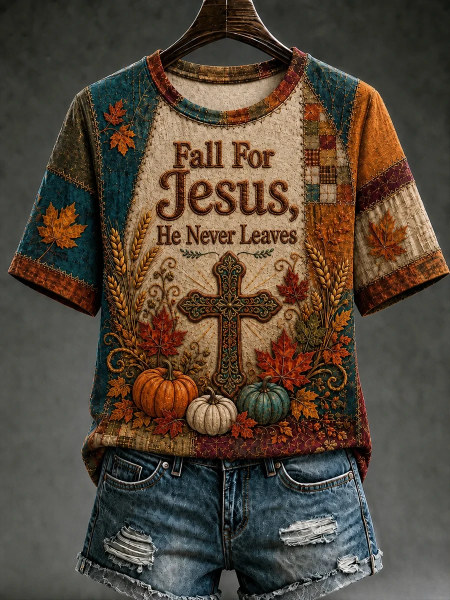 Fall For Jesus He Never Leaves T-Shirt Cross Art Pumpkin Autumn Outfits Christian Gifts - Kdjoy
