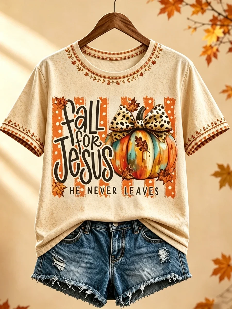 Fall For Jesus He Never Leaves T-Shirt Pumpkin Autumn Clothing Christian Gift For Women - Kdjoy