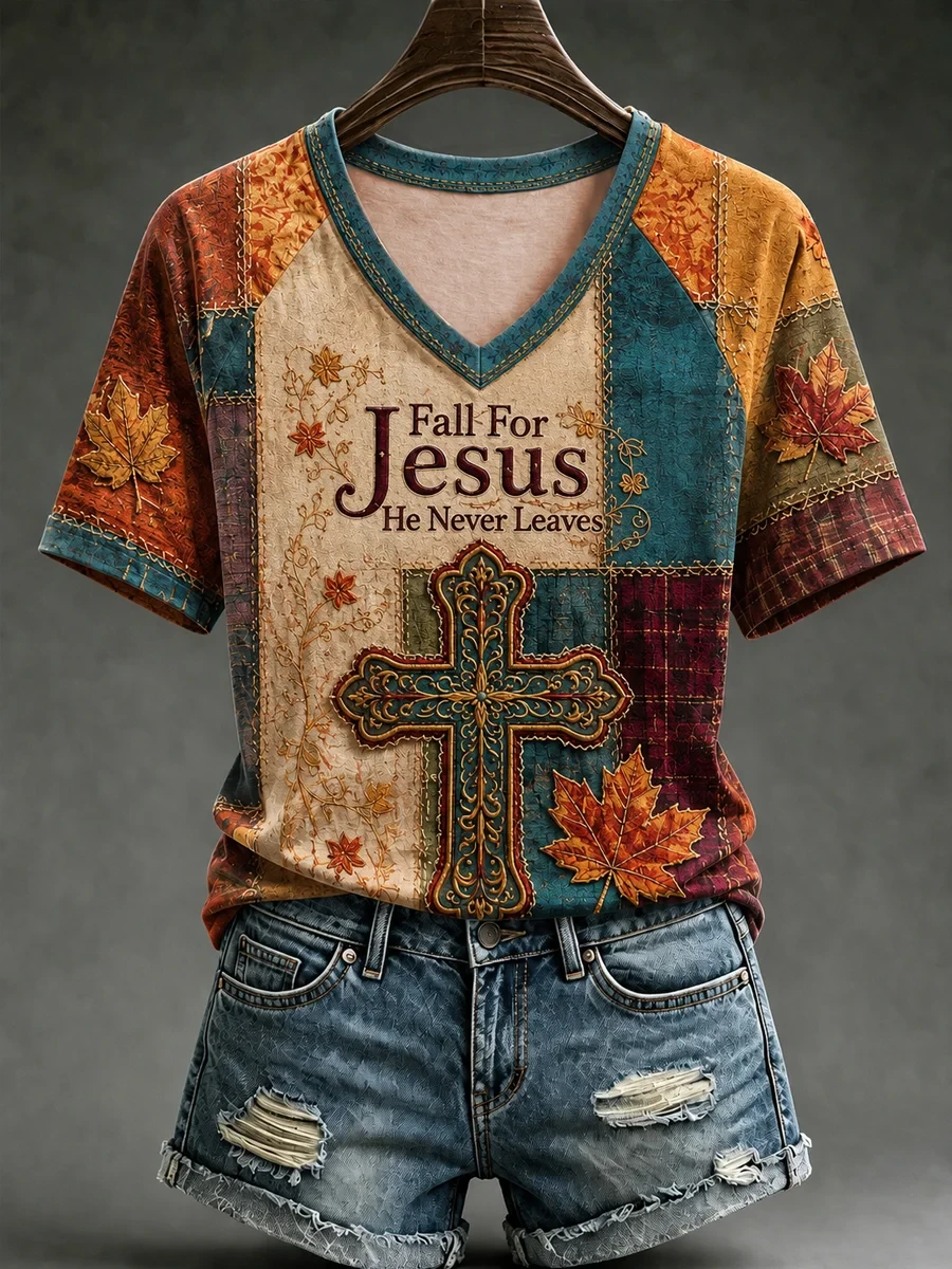 Fall For Jesus He Never Leaves V-Neck Shirt Cross Art Autumn Clothing Christian Gifts - Kdjoy