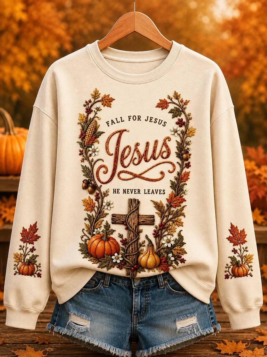 Fall For Jesus Jesus He Never Leaves Sweatshirt Autumn Christian Merch Fan Gift - Kdjoy