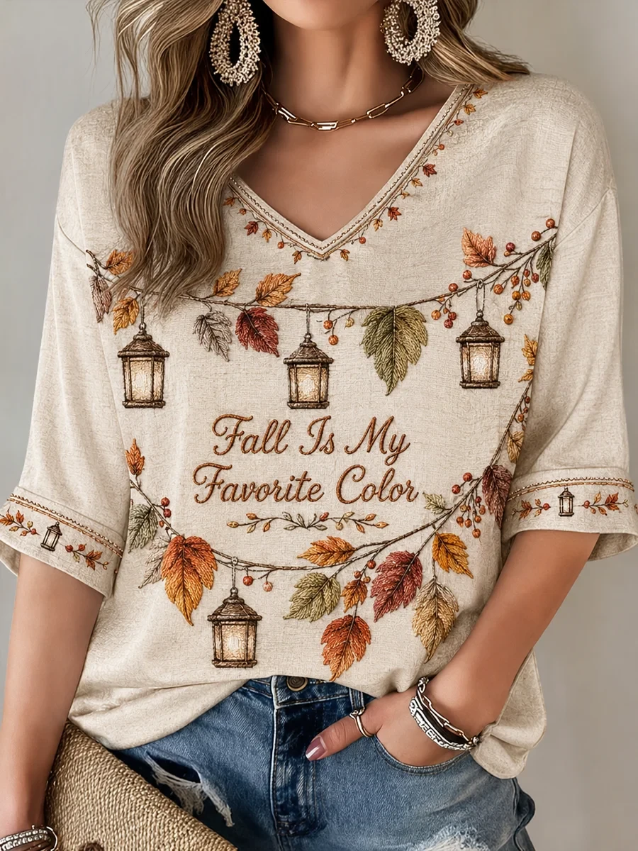 Fall Is My Favorite Color Cropped Sleeve V-Neck Shirt Autumn Clothing Aesthetic Gift - Kdjoy Fall Is My Favorite Color Cropped Sleeve V-Neck Shirt Autumn Clothing Aesthetic Gift - Kdjoy