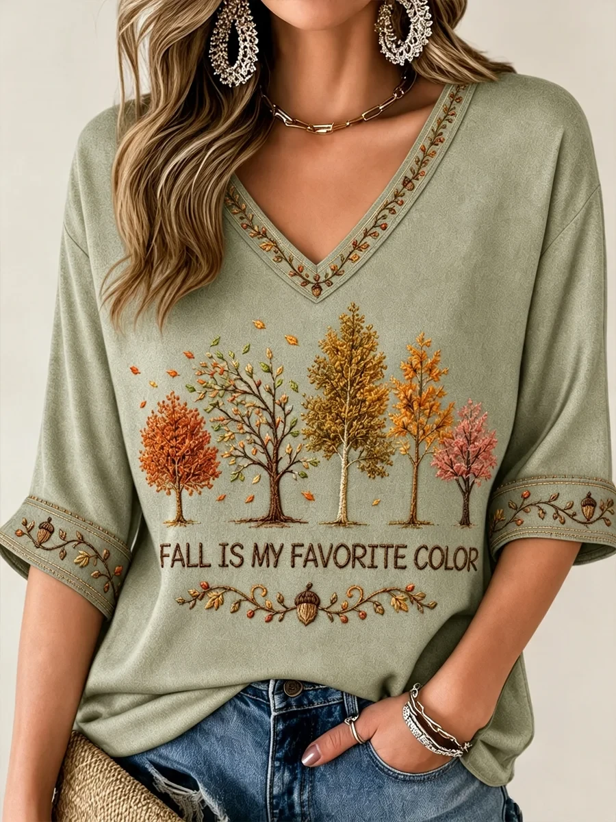 Fall Is My Favorite Cropped Sleeve V-Neck Shirt Cozy Autumn Season Clothing Gifts For Her - Kdjoy Fall Is My Favorite Cropped Sleeve V-Neck Shirt Cozy Autumn Season Clothing Gifts For Her - Kdjoy