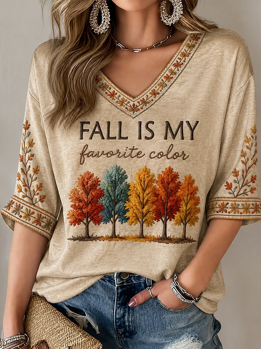 Fall Is My Favorite Cropped Sleeve V-Neck Shirt Cozy Autumn Season Clothing Gifts For Women - Kdjoy