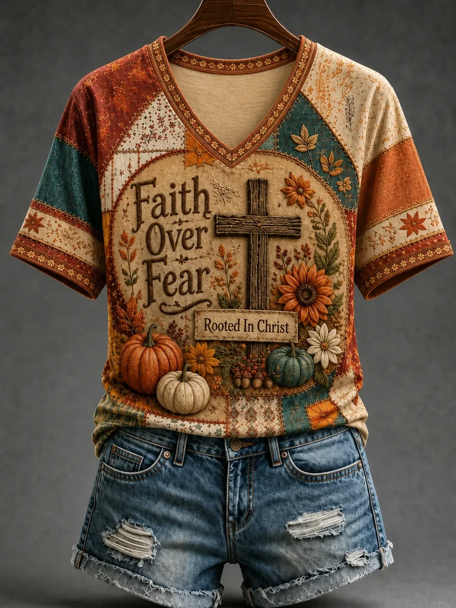 Fall Jesus Cross Art Faith Over Fear V-Neck T-Shirt Rooted In Christ Faith Inspired Clothing - Kdjoy Fall Jesus Cross Art Faith Over Fear V-Neck T-Shirt Rooted In Christ Faith Inspired Clothing - Kdjoy