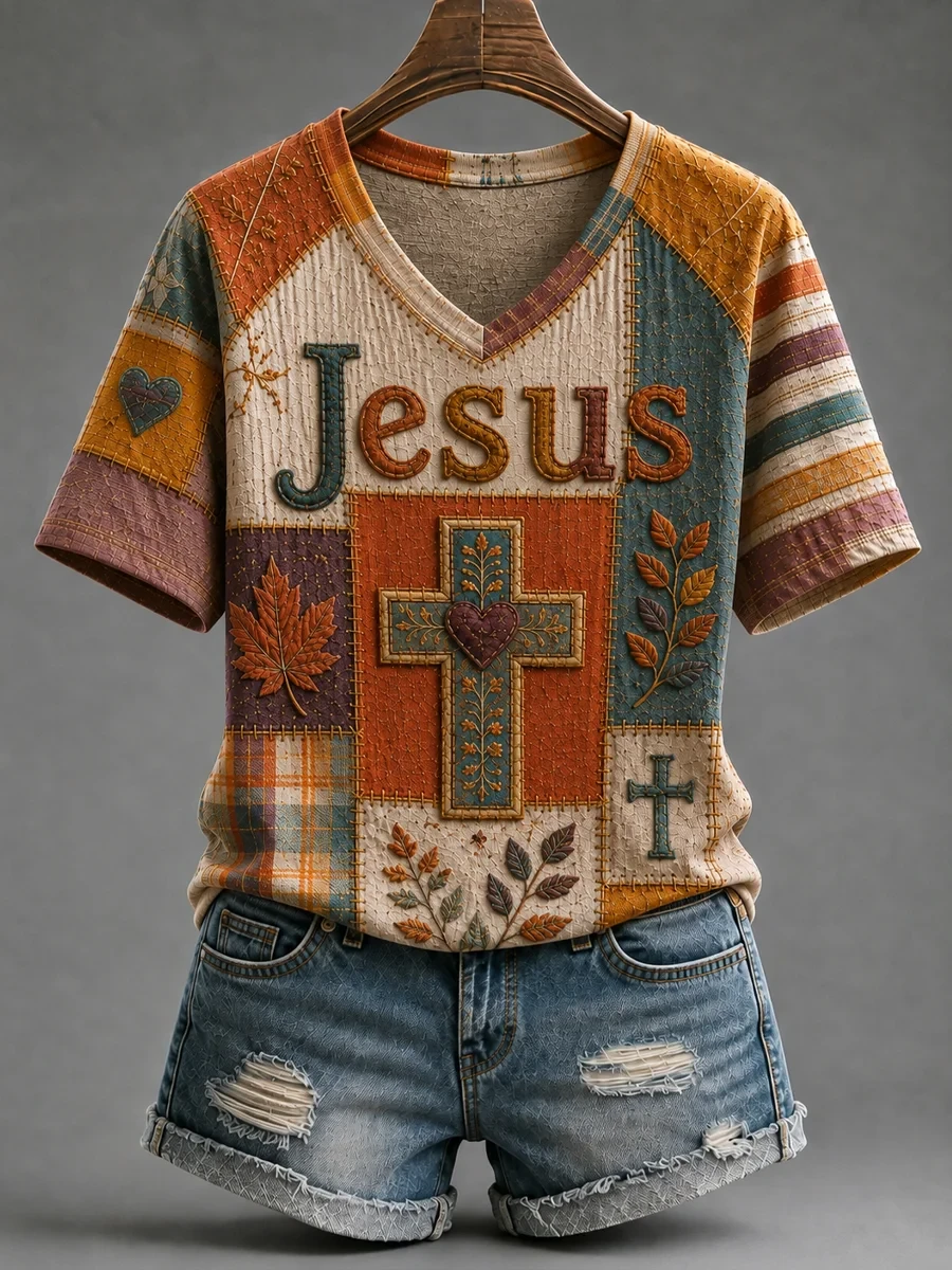 Fall Jesus Cross Art Patchwork V-Neck Shirt Cute Autumn Clothes Faith Based Gifts - Kdjoy