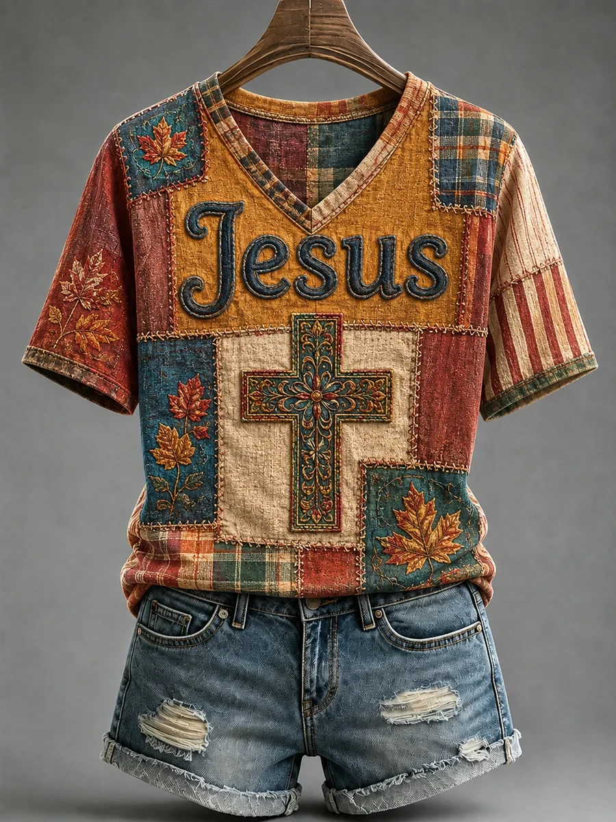 Fall Jesus Cross Art Patchwork V-Neck Shirt Faith Based Apparel Autumn Gifts For Jesus Lover - Kdjoy Fall Jesus Cross Art Patchwork V-Neck Shirt Faith Based Apparel Autumn Gifts For Jesus Lover - Kdjoy