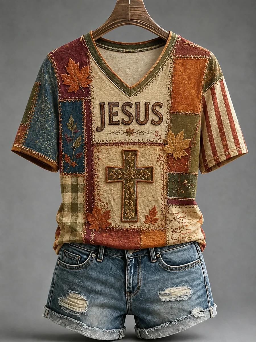 Fall Jesus Cross Art Patchwork V-Neck Shirt Faith Based Apparel Gifts For Christian Women - Kdjoy Fall Jesus Cross Art Patchwork V-Neck Shirt Faith Based Apparel Gifts For Christian Women - Kdjoy