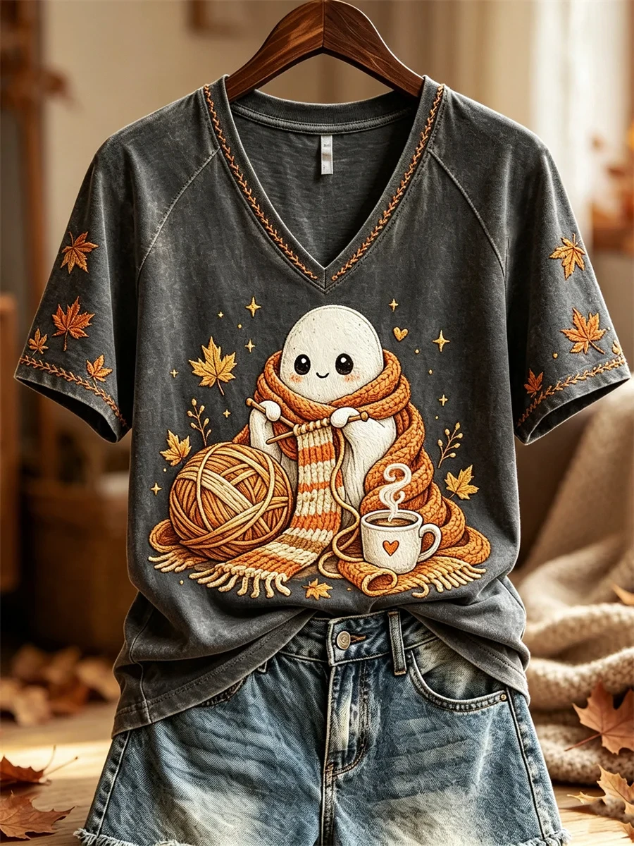 Fall Knitting Ghost Cozy Art V-Neck Shirt Cute Halloween Apparel Gifts For Autumn Season - Kdjoy Fall Knitting Ghost Cozy Art V-Neck Shirt Cute Halloween Apparel Gifts For Autumn Season - Kdjoy