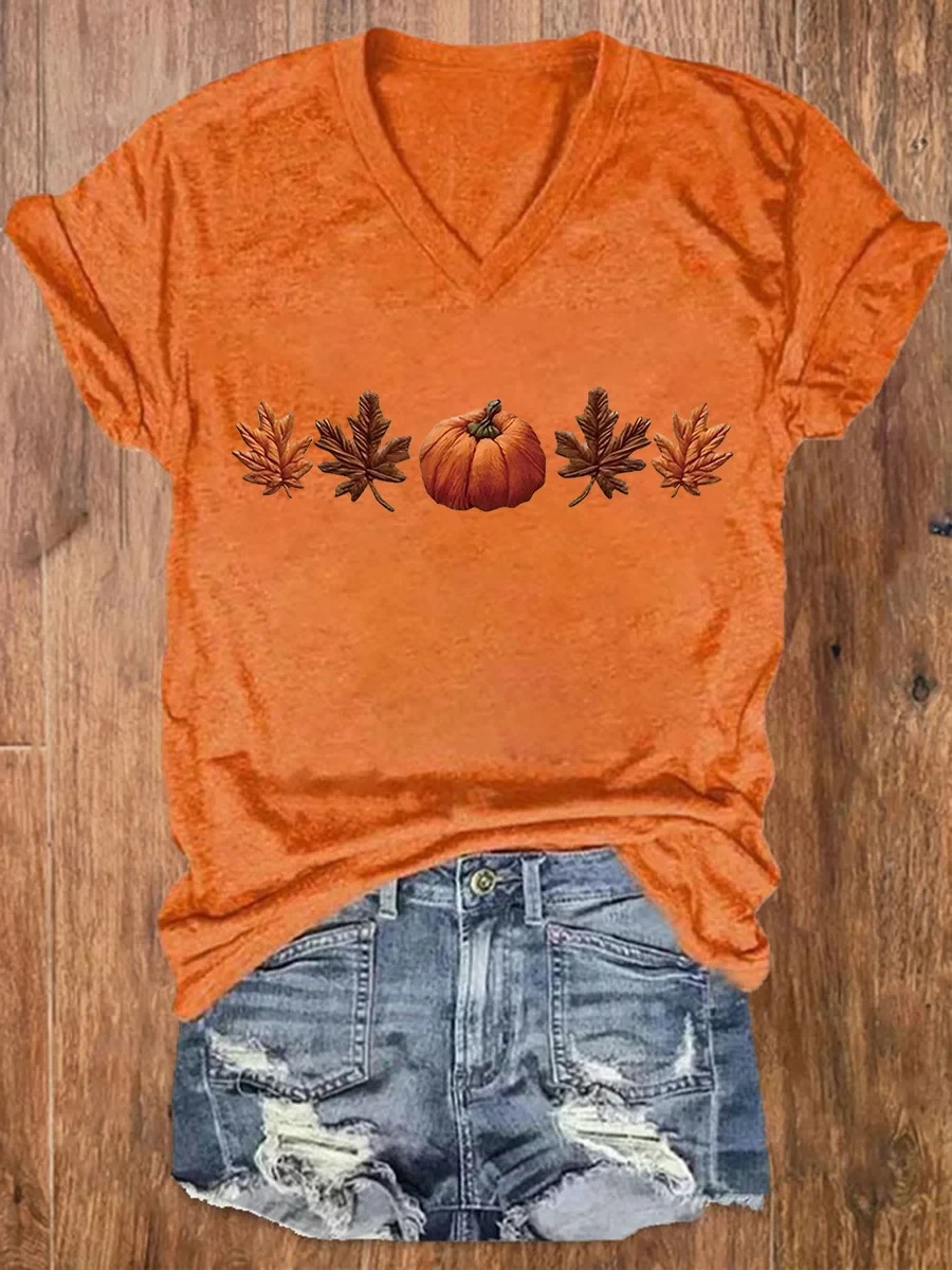 Fall Pumpkin V-Neck Shirt Cute Autumn Clothes Halloween Gifts Ideas For Her - Kdjoy