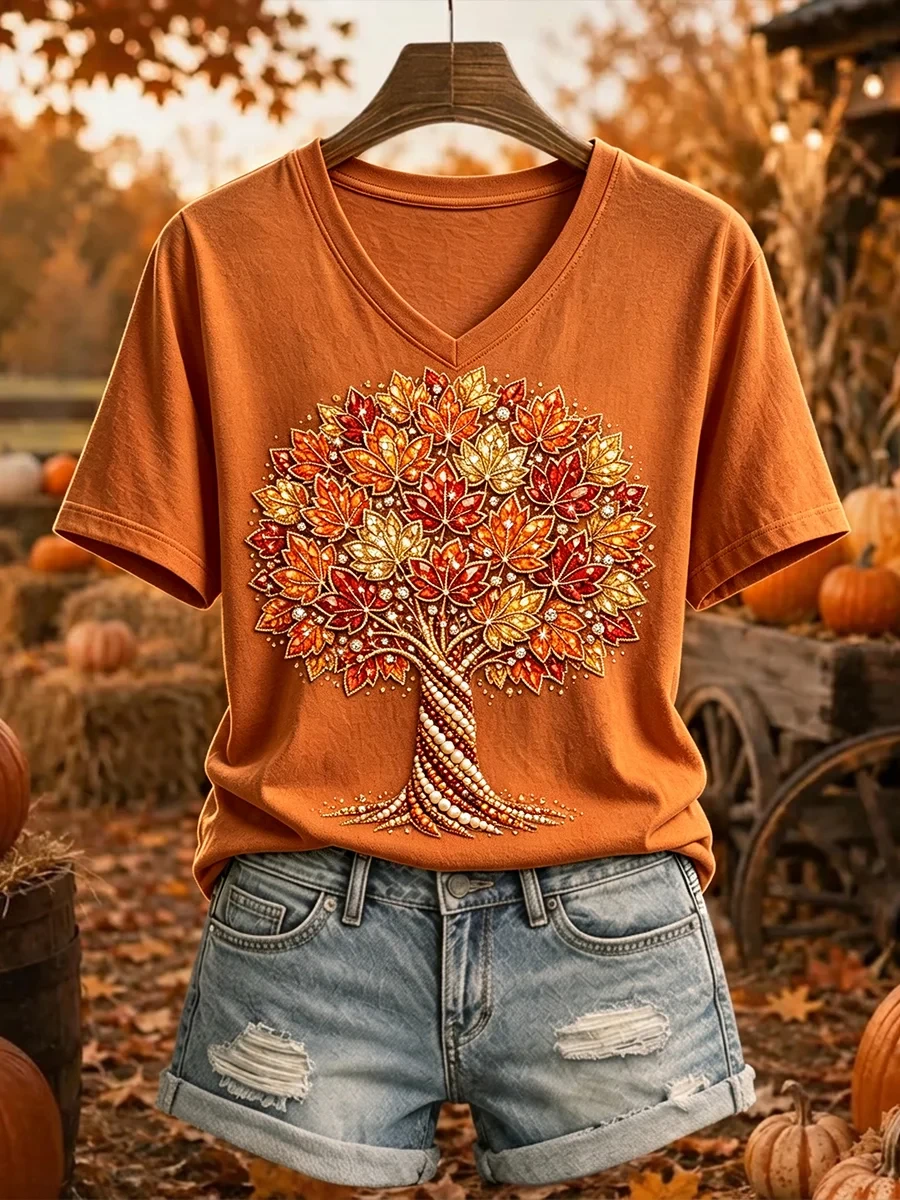 Fall Tree Cozy V-Neck Shirt Autumn Season Clothes Present Ideas For My Wife - Kdjoy