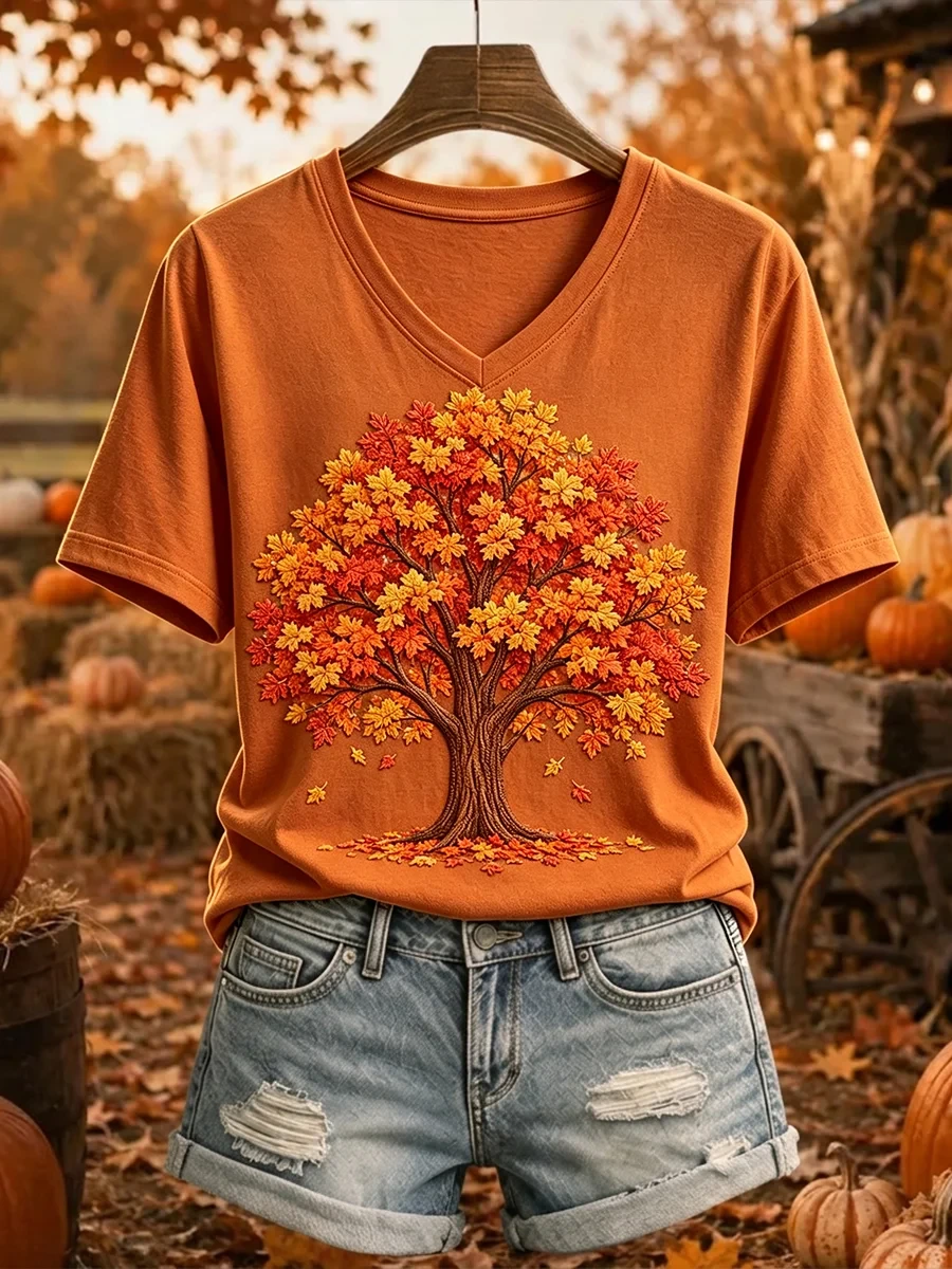 Fall Tree Cozy V-Neck Shirt Best Autumn Clothes Birthday Gift Ideas For Mom - Kdjoy