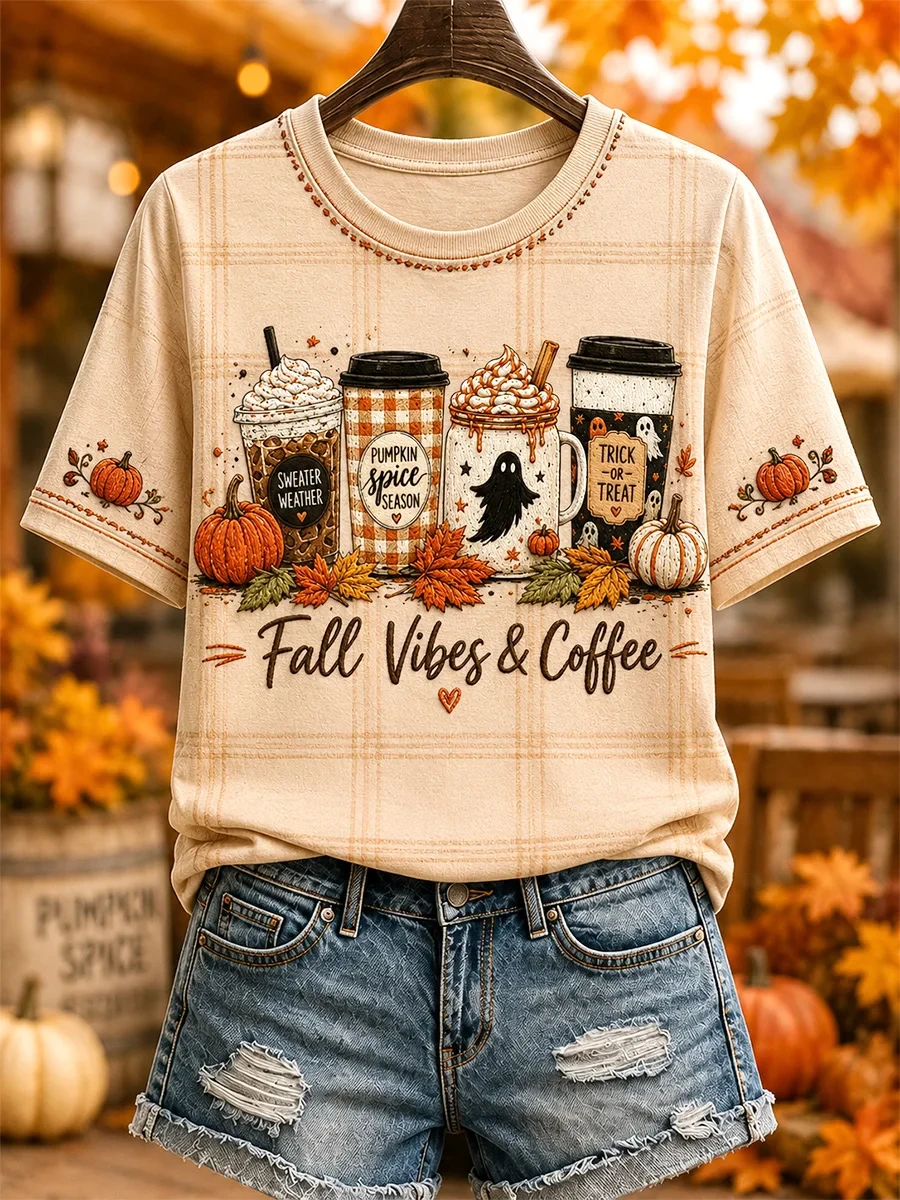 Fall Vibes & Coffee Autumn Drinks T-Shirt Autumn Halloween Merch Birthday Gifts For Her - Kdjoy Fall Vibes & Coffee Autumn Drinks T-Shirt Autumn Halloween Merch Birthday Gifts For Her - Kdjoy