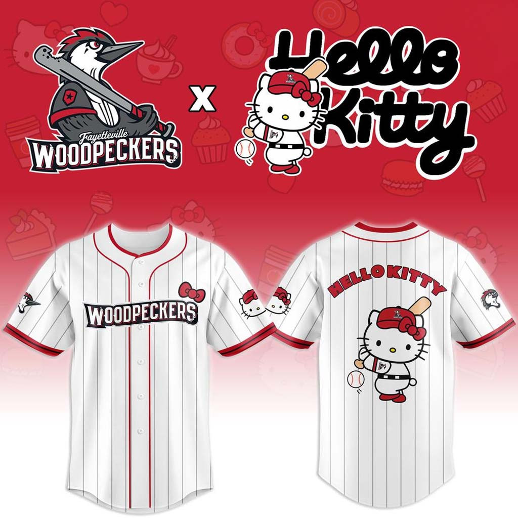 Fayetteville Woodpeckers X Hello Kitty 2026 Jersey Shirt Woodpeckers Merch Cute Baseball Gifts