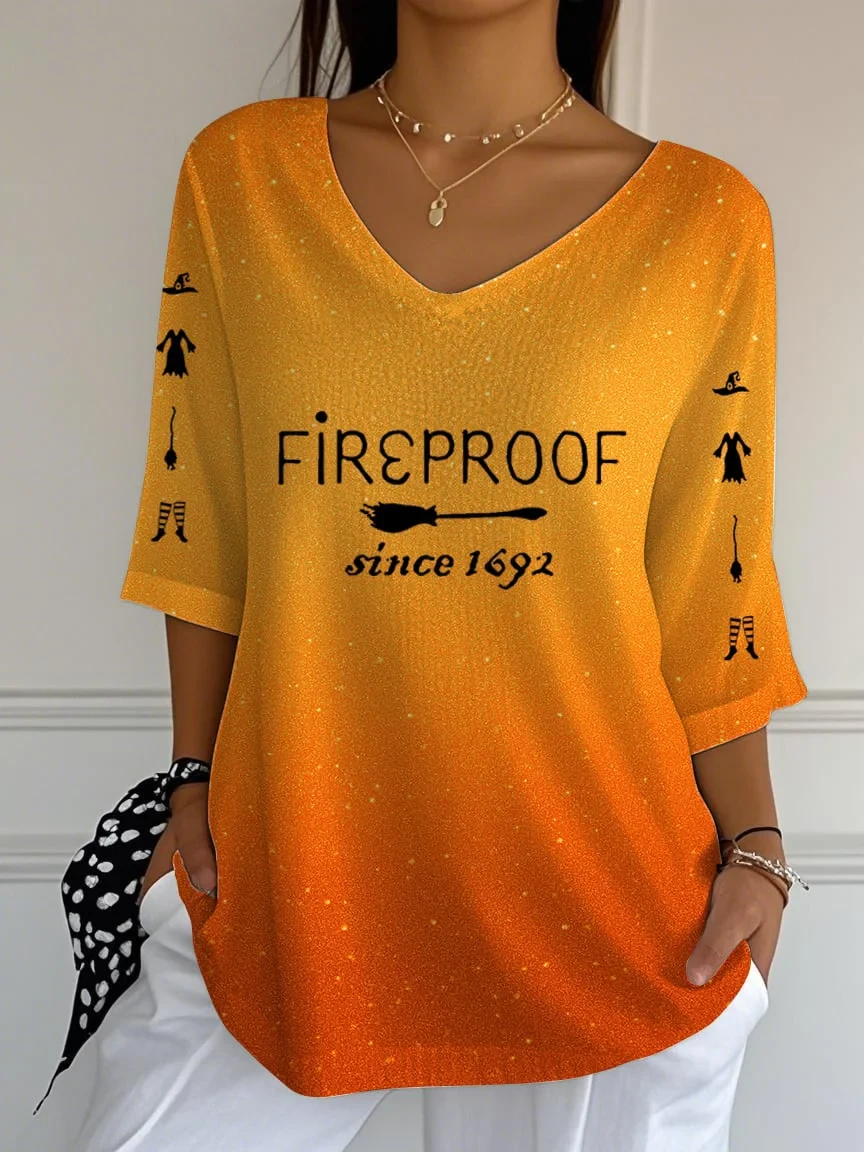 Fireproof Since 1692 Crop Sleeve V-Neck Shirt Witch Outfit Halloween Gift For Her - Kdjoy