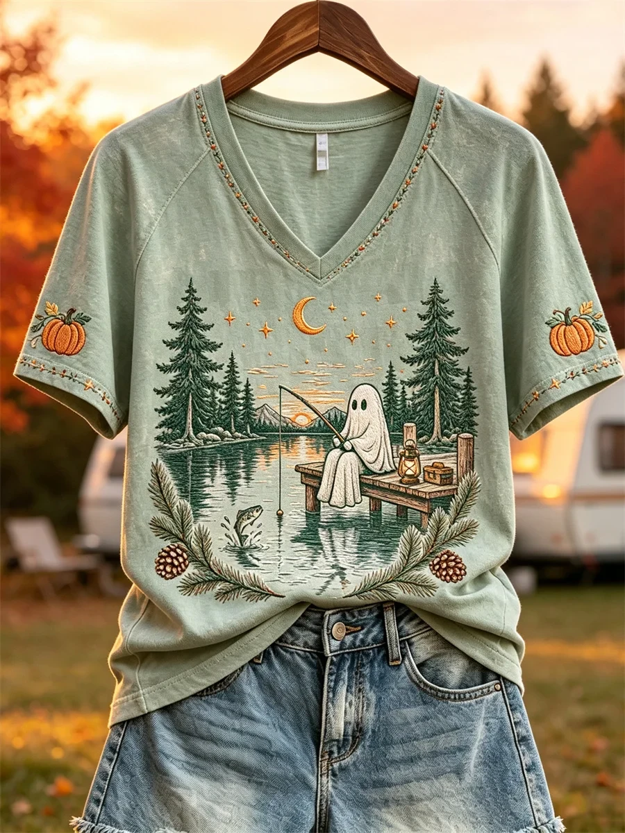 Fishing Ghost Fall Camping V-Neck Shirt Cute Halloween Apparel Gifts For - Kdjoy