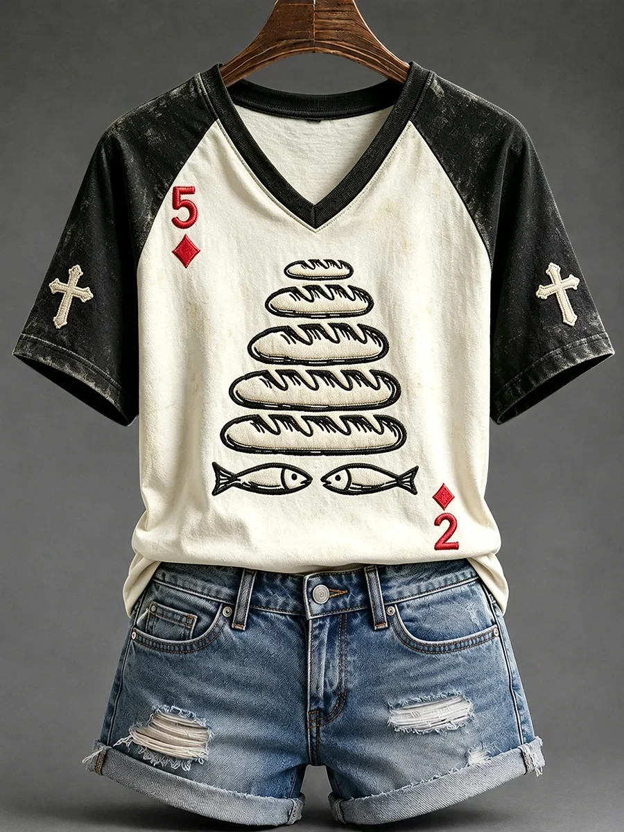 Five Loaves And Two Fish Faith V-Neck Shirt Bible Verse Apparel Christian Themed Gifts - Kdjoy