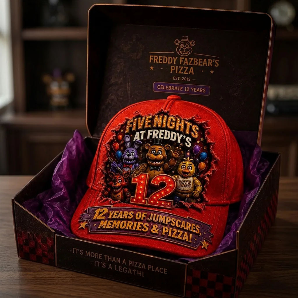 Five Nights At Freddy's 12th Anniversary Hat 12 Years Of Jumpscares Memories And Pizza Merch - Kdjoy Five Nights At Freddy's 12th Anniversary Hat 12 Years Of Jumpscares Memories And Pizza Merch - Kdjoy