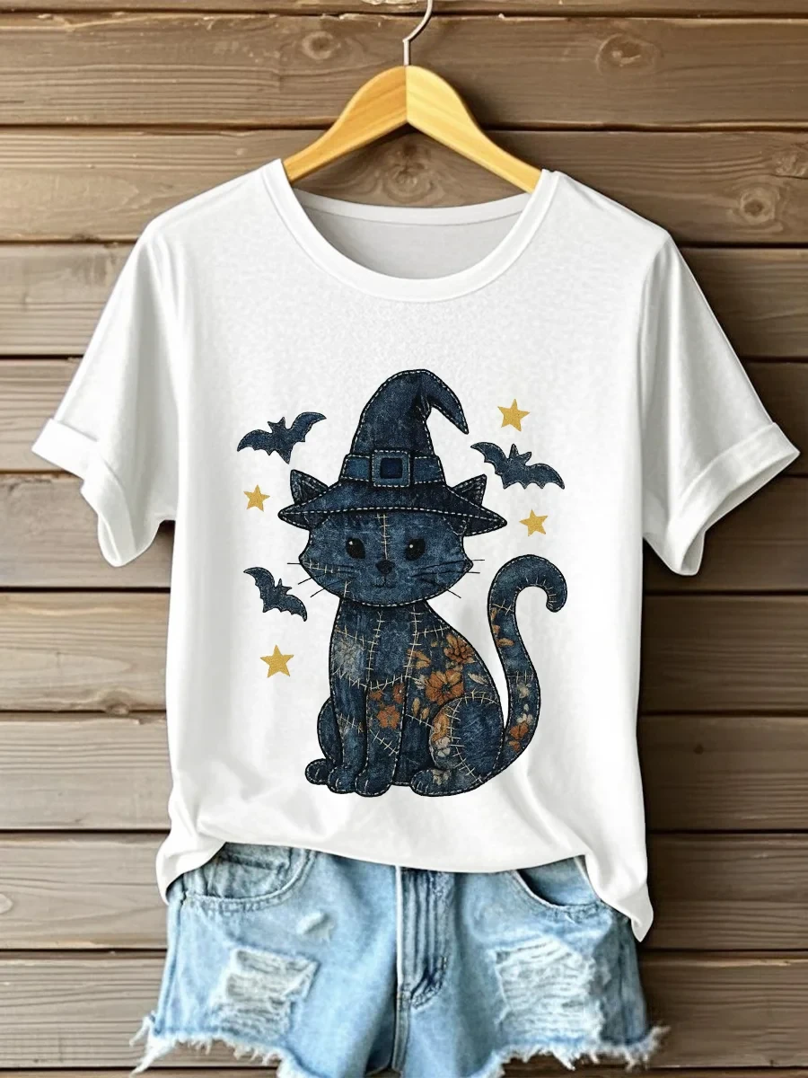Floral Cat Denim T-Shirt White Cute Halloween Outfits Present for Cat Lovers - Kdjoy Floral Cat Denim T-Shirt White Cute Halloween Outfits Present for Cat Lovers - Kdjoy