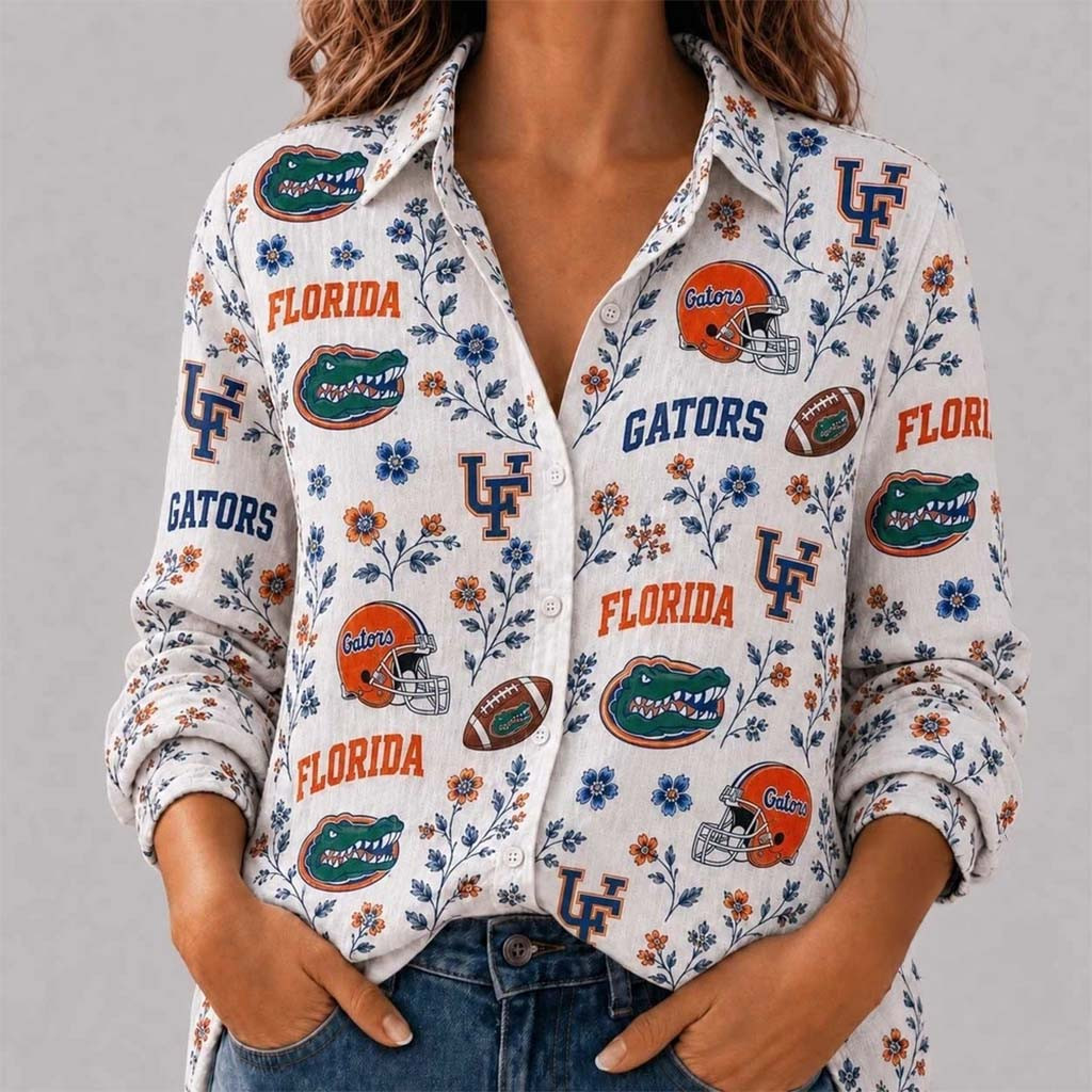 Florida Gators College Spirit Blossoms Long Sleeve Button Up Shirt Florida Gators Merch Women - Kdjoy Florida Gators College Spirit Blossoms Long Sleeve Button Up Shirt Florida Gators Merch Women - Kdjoy