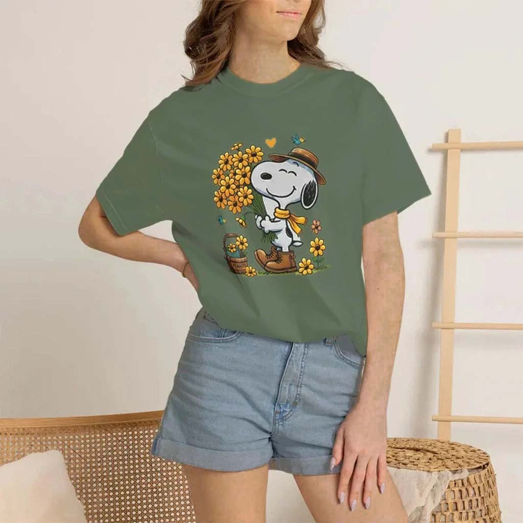 Flower Dog With Sunflower Bouquet T-Shirt Floral Cartoon Tee Gift For Sisters