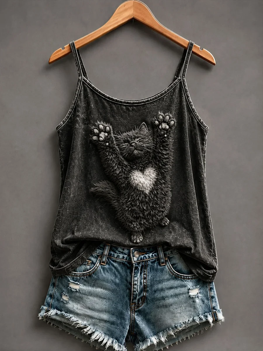 Fluffy Black Cat Stretching Hearttank Top Cat Lover Clothes Unique Gifts For Women - Kdjoy