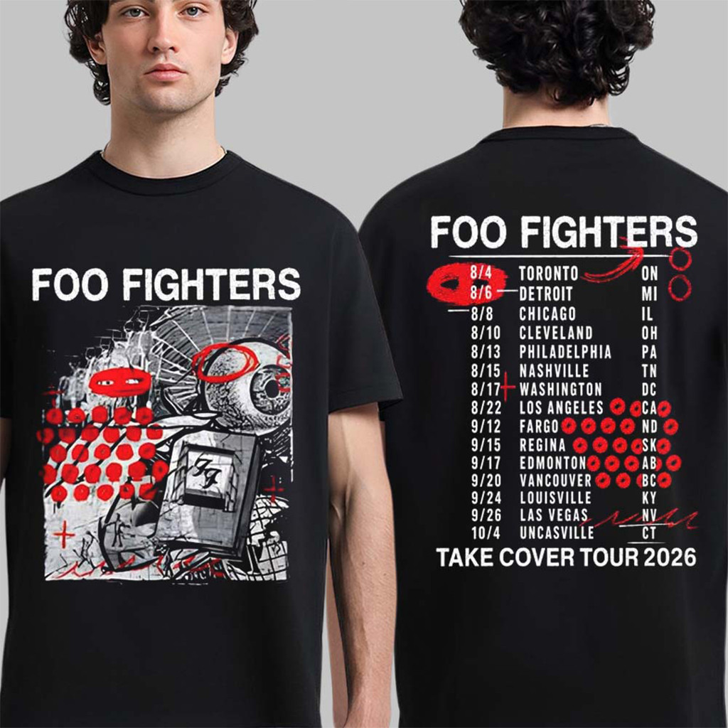 Foo Fighters Take Cover Tour 2026 Black Doodle Photo With Dates T-Shirt Foo Fighters Merch - Kdjoy Foo Fighters Take Cover Tour 2026 Black Doodle Photo With Dates T-Shirt Foo Fighters Merch - Kdjoy