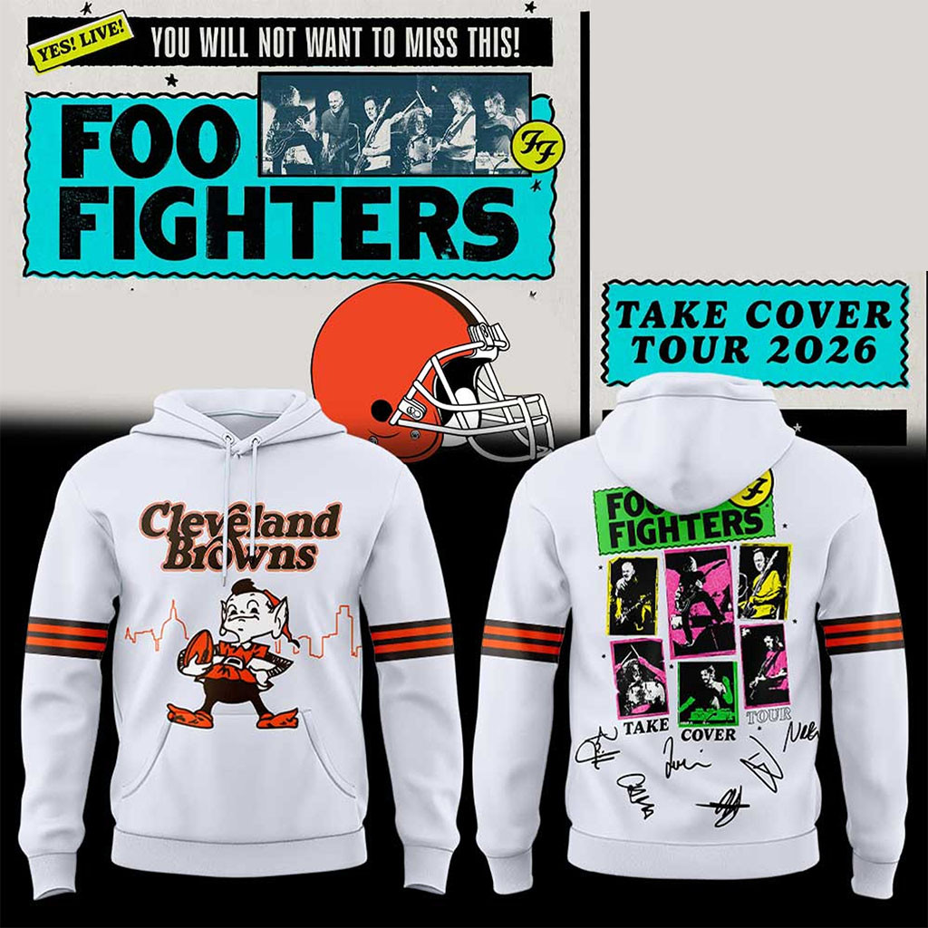 Foo Fighters X Cleveland Merch Browns Take Cover Tour 2026 White Hoodie Music Fan Apparel - Kdjoy Foo Fighters X Cleveland Merch Browns Take Cover Tour 2026 White Hoodie Music Fan Apparel - Kdjoy