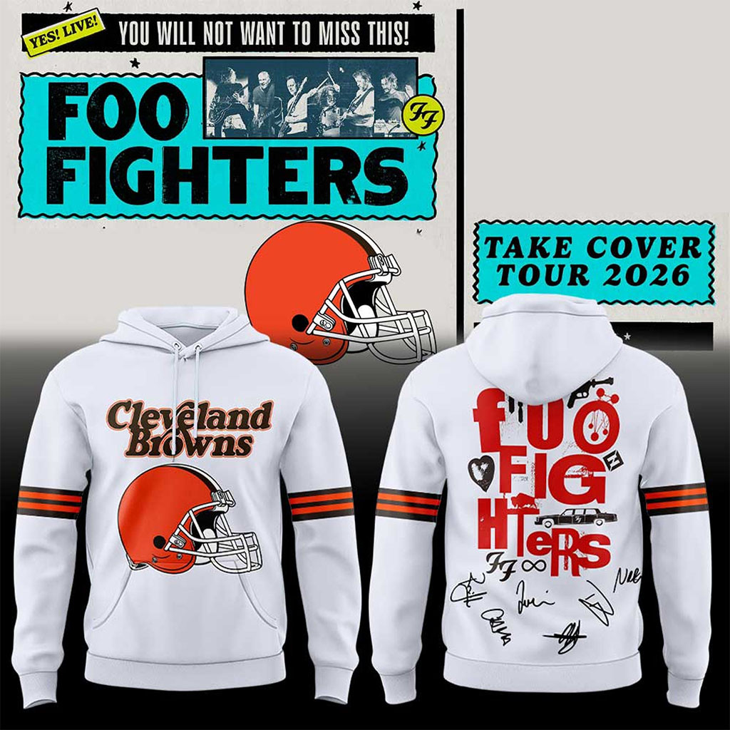 Foo Fighters X Cleveland Merch Browns Take Cover Tour 2026 White Hoodie Present For Music Lover - Kdjoy