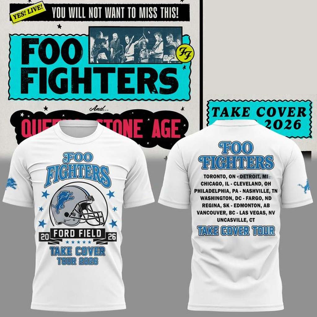 Foo Fighters X Detroit Lions Merch FF Take Cover Tour 2026 T-Shirt Music Concert Outfits
