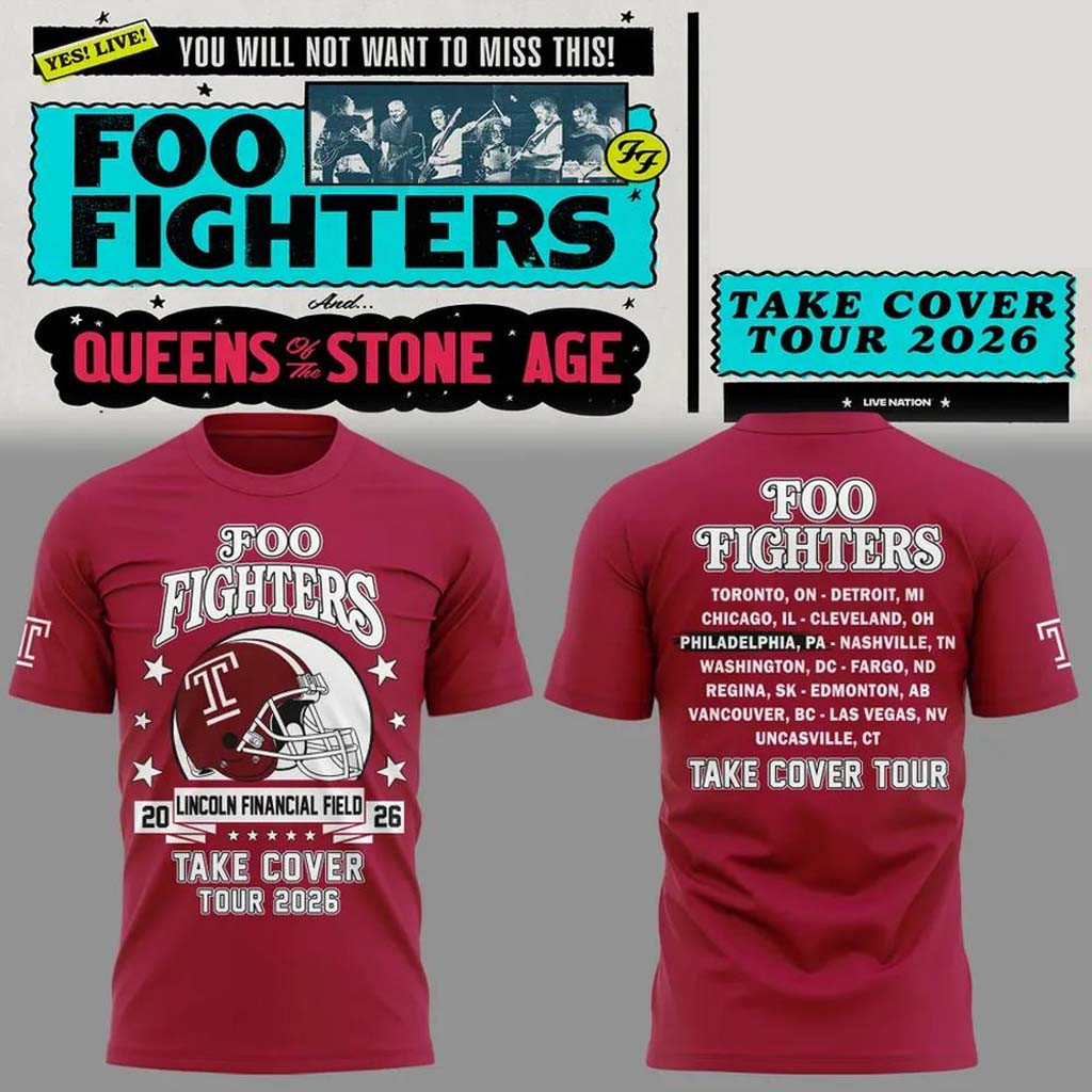 Foo Fighters X Temple Owls Football Take Cover Tour 2026 T-Shirt Foo Fighters Concert Merch - Kdjoy