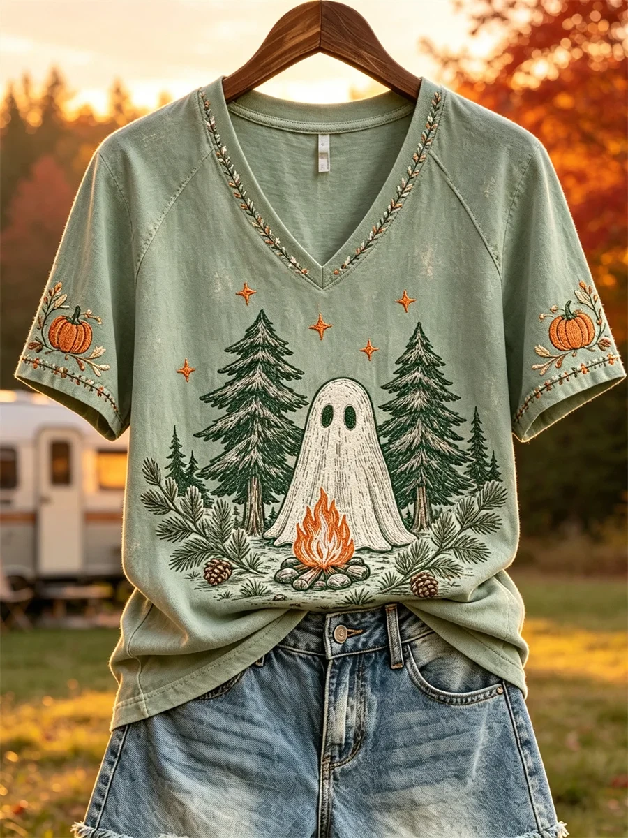 Forest Campfire Ghost Fall Camping V-Neck Shirt Best Halloween Clothes Cute Gift for Her - Kdjoy Forest Campfire Ghost Fall Camping V-Neck Shirt Best Halloween Clothes Cute Gift for Her - Kdjoy