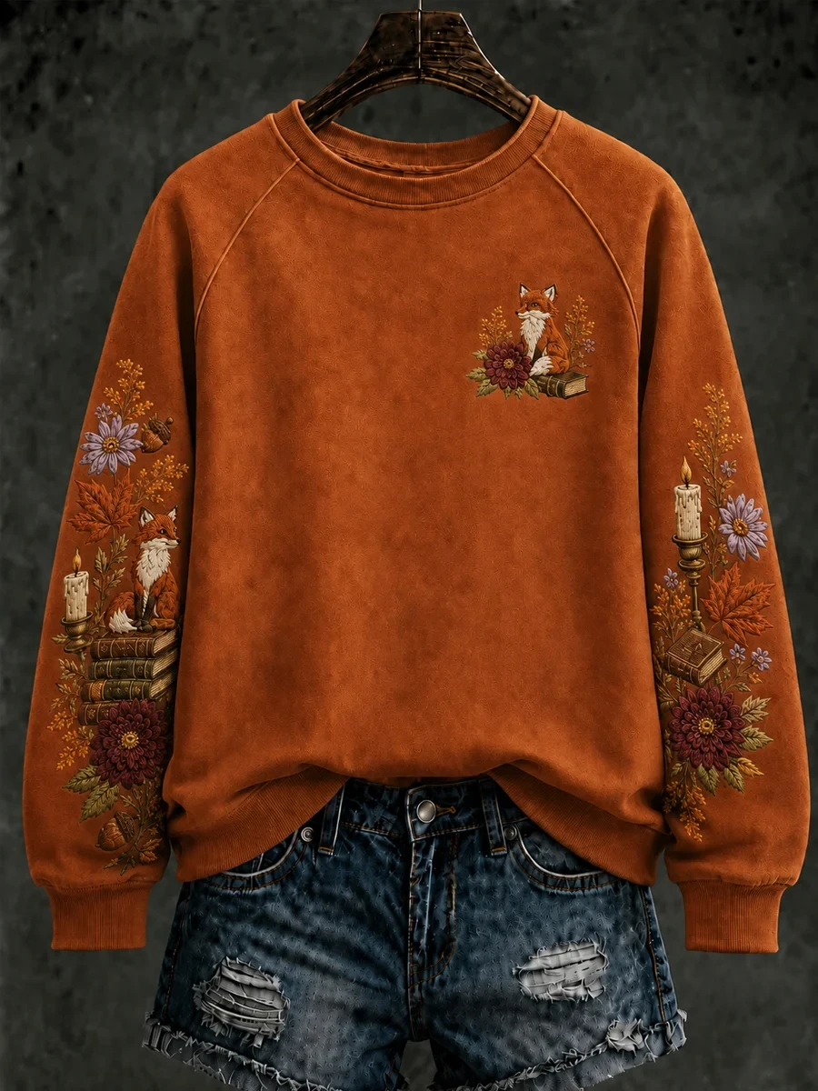 Foxes Among Books Flowers Sweatshirt Autumn Floral Clothing Unique Halloween Apparel Finds - Kdjoy