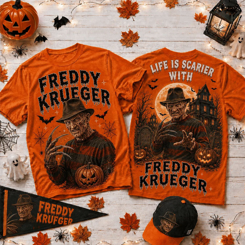 Freddy Krueger Life Is Scarier Orange T-Shirt Freddy Krueger Merch Best Halloween Gifts - Kdjoy