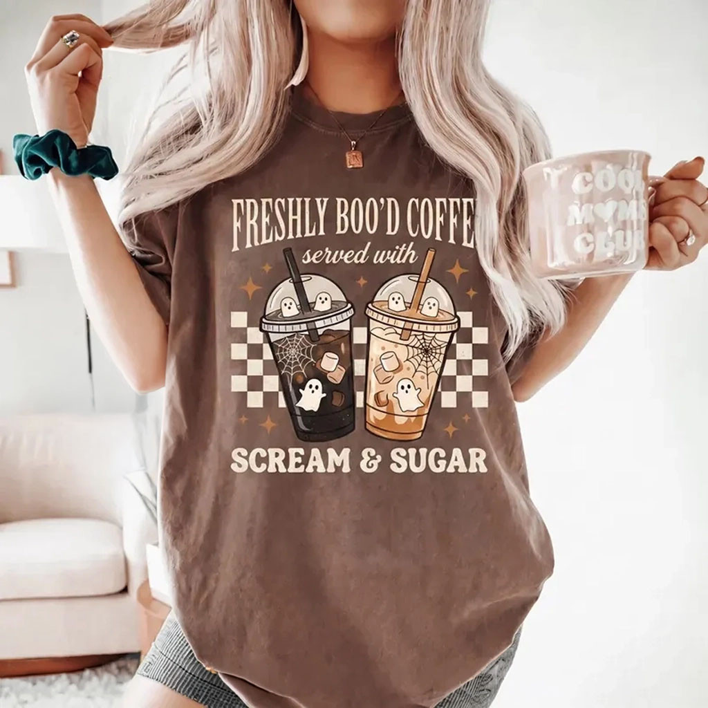 Freshly Boo'd Coffee Served With Scream And Sugar T-Shirt Halloween Gift For Friends - Kdjoy Freshly Boo'd Coffee Served With Scream And Sugar T-Shirt Halloween Gift For Friends - Kdjoy