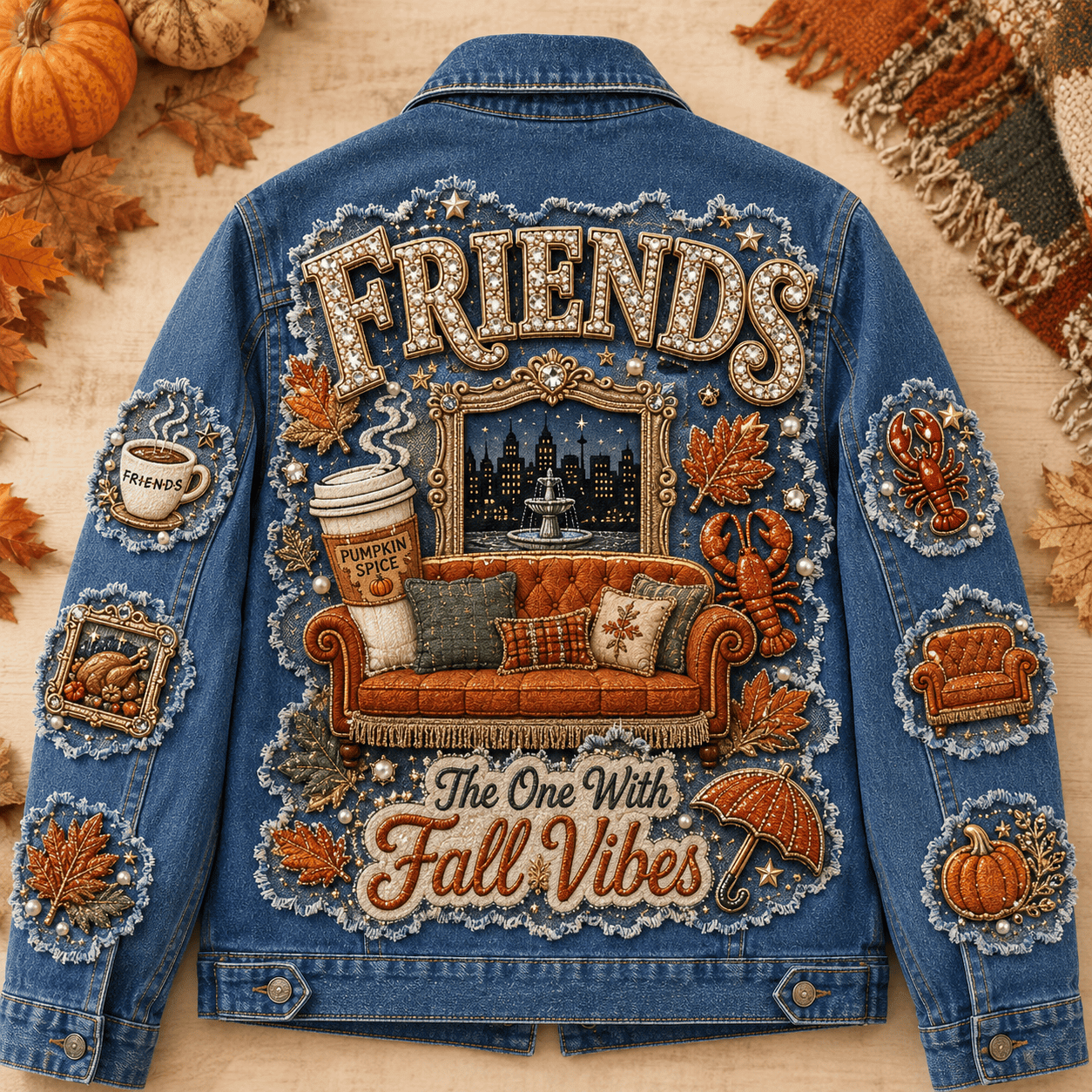 Friends The One With Fall Vibes Denim Jacket Autumn Outfits Cool Gifts For BFF - Kdjoy Friends The One With Fall Vibes Denim Jacket Autumn Outfits Cool Gifts For BFF - Kdjoy