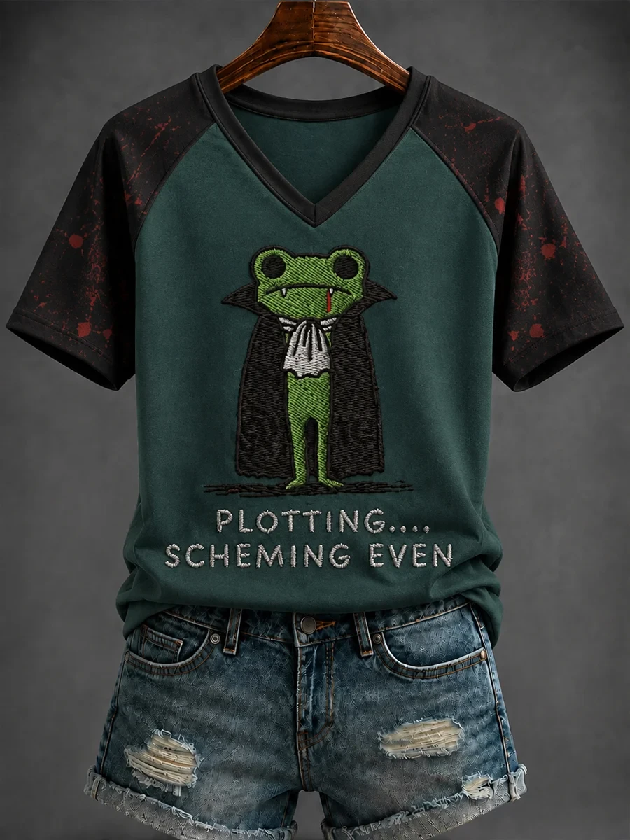 Frog Dracula Plotting Scheming Even V-Neck Shirt Funny Halloween Apparel Gift For Frog Lovers - Kdjoy