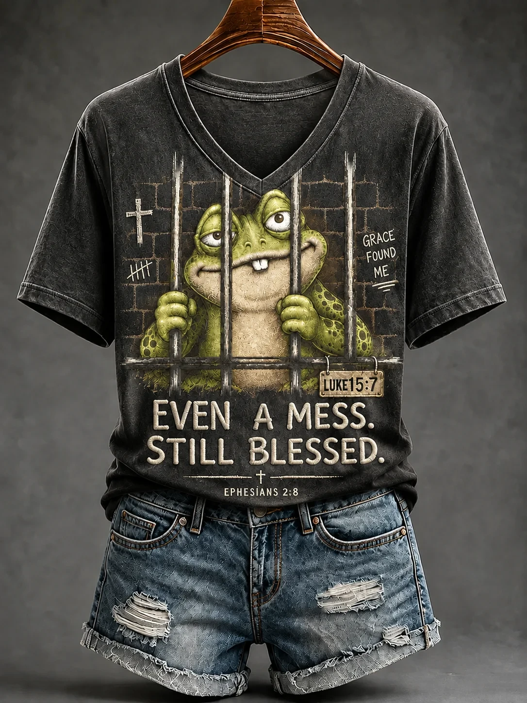 Frog Even A Mess Still Blessed V-Neck Shirt Grace Found Me Bible Clothing Faith Based Gifts - Kdjoy Frog Even A Mess Still Blessed V-Neck Shirt Grace Found Me Bible Clothing Faith Based Gifts - Kdjoy
